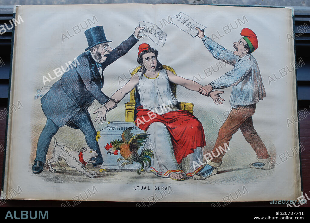 LA REPUBLICA ESPAÑOLA ENTRE LA REPUBLICA FEDERAL Y LA REPUBLICA UNITARIA - CARICATURA DE LA REVISTA SATIRICA LA FLACA DEL 1 DE MARZO DE.