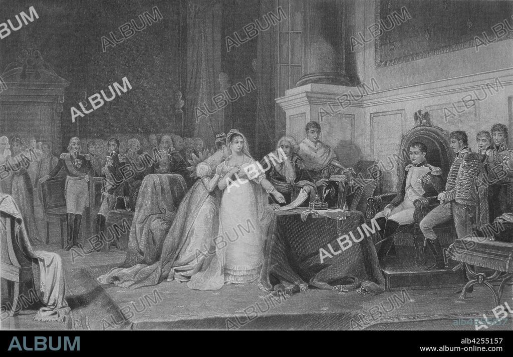 FRANçOIS DE MEERSMAN. 'The Divorce of Josephine', 1846, (mid 19th century). The French Emperor Napoleon divorced his wife Josephine in 1810 as she had not produced a male heir. Although she had been the love of his life, at the age of 46 it seemed unlikely that she would enable the continuation of the Bonaparte line. Engraving after 'The Divorce of the Empress Josephine', painting made in 1846 by Frédéric Schopin, in the Wallace Collection, London. [J. S. Virtue & Co. Ltd, London, ].