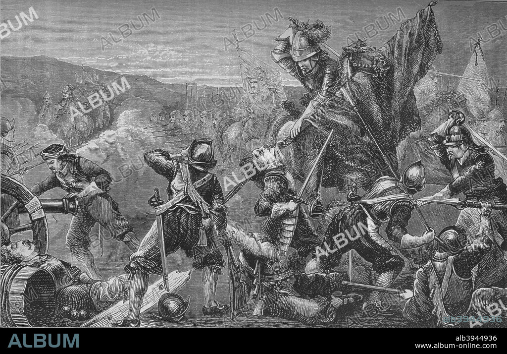 'The Battle of Naseby', 14 June 1645, (c1880). The Battle of Naseby was a decisive engagement of the English Civil War, fought on 14 June 1645 between the main Royalist army of King Charles I and the Parliamentarian New Model Army, commanded by Sir Thomas Fairfax and Oliver Cromwell. From British Battles on Land and Sea, Vol. I, by James Grant. [Cassell Petter & Galpin, London, Paris & New York, c1880].
