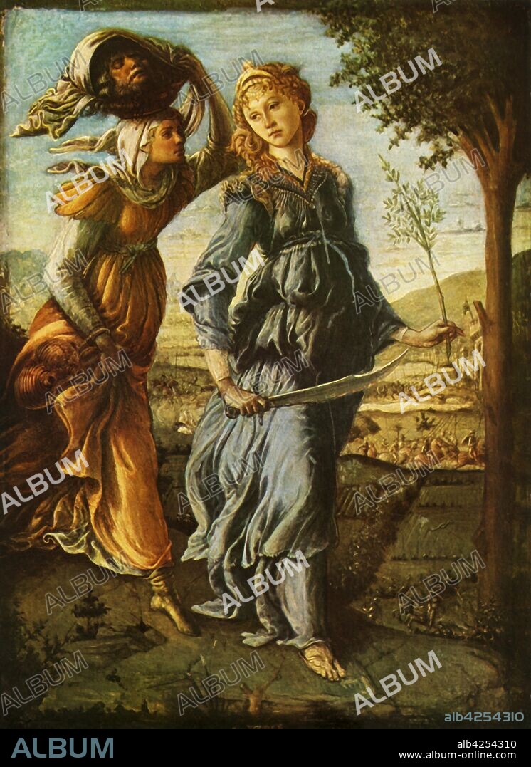 'The Return of Judith to Bethulia', c1470, (1937). Biblical scene: Judith holding a sword, while her servant carries the head of Holofernes who Judith has just decapitated. Painting in the Uffizi, Gallery, Florence. From "Sandro Botticelli" by Lionello Venturi. [George Allen & Unwin Ltd, London, 1937].