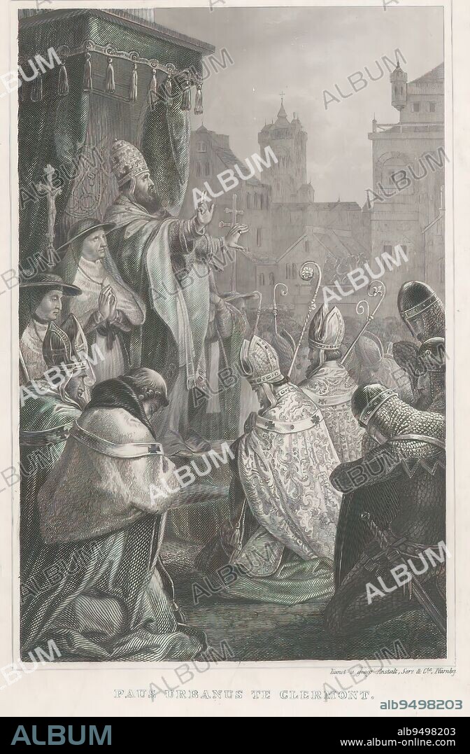 Pope Urban II at Clermont-Ferrand, 1095, Pope Urban at Clermont (title on object), Pope Urban II at Clermont-Ferrand, 1095. The aus speaking in public in a square, before him kneeling bishops and knights. Possibly refers to the Council of Clermont-Ferrand on November 18, 1095 with the call for the First Crusade., print maker: anonymous, publisher: Serz. & Cie. Kunst- und geogr. Anstalt, (mentioned on object), print maker: Germany, (possibly), publisher: Neurenberg, 1800 - 1899, paper, steel engraving, height 233 mm × width 153 mm.