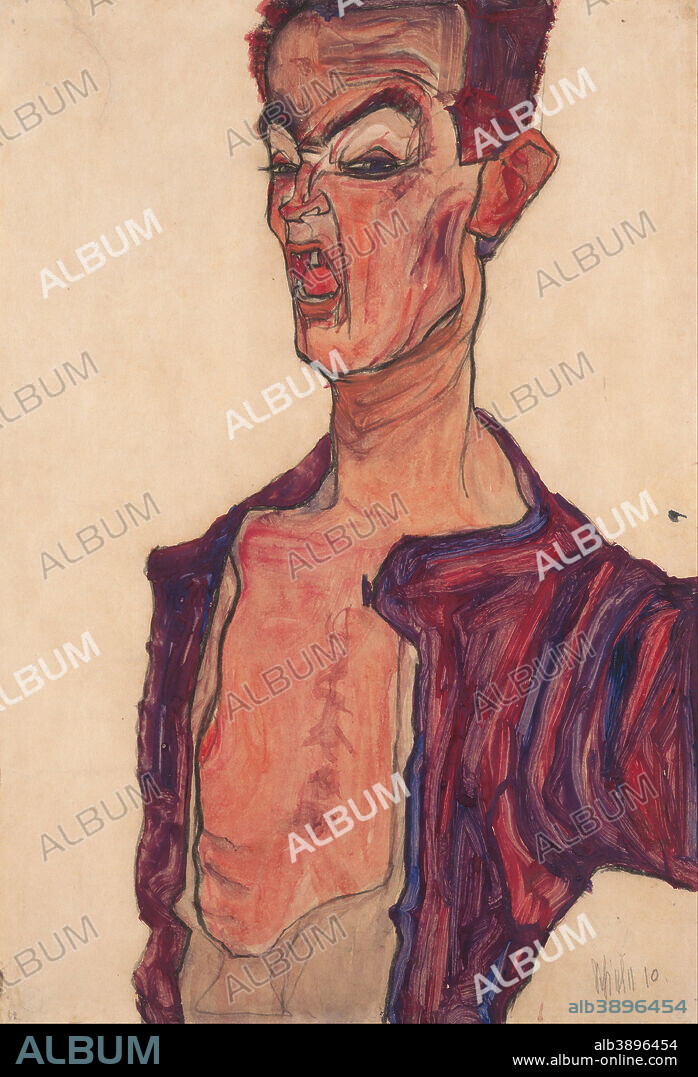 EGON SCHIELE. Selbstdarstellung, grimassierend / Self-Portrait, Grimacing. Date/Period: 1910. Drawing. Height: 453 mm (17.83 in); Width: 307 mm (12.08 in).