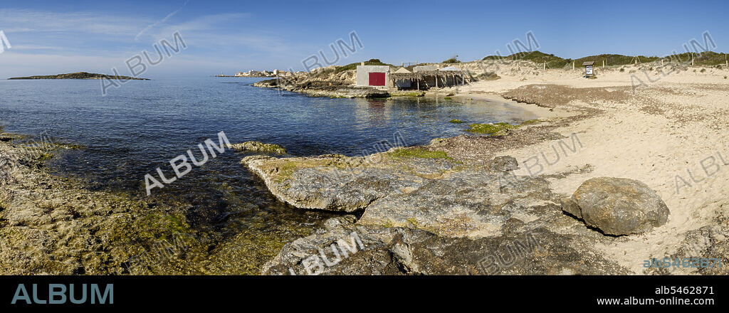 Can Curt beach and fisher house, Ses Salines, Mallorca, Balearic Islands, Spain.