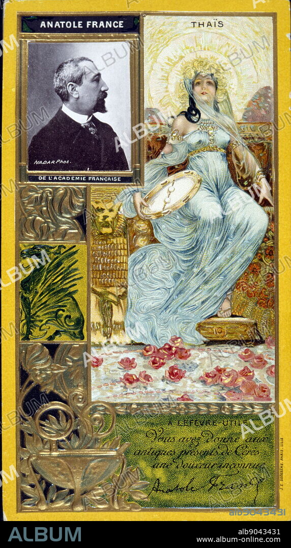 Illustration commemorating the novel 'Thais' by French writer Anatole France, published in 1890. It is based on events in the life of Saint Thais of Egypt, a legendary convert to Christianity who is said to have lived in the 4th century. It was the inspiration for the opera of the same name by Jules Massenet.