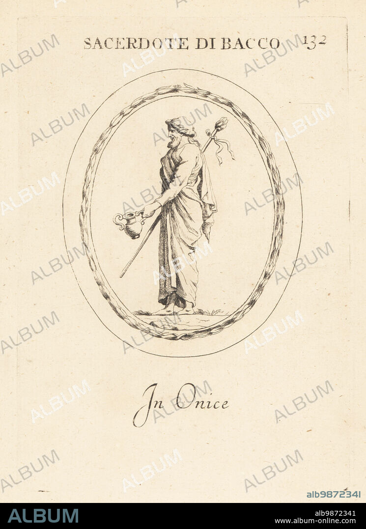 Priest of Bacchus, Roman god of wine.Bearded man with rod (ferula) and drinking cup (cantherus). In onyx. Sacerdote di Bacco. In Onice. Copperplate engraving by Giovanni Battista Galestruzzi after Leonardo Agostini from Gemmae et Sculpturae Antiquae Depicti ab Leonardo Augustino Senesi, Abraham Blooteling, Amsterdam, 1685.