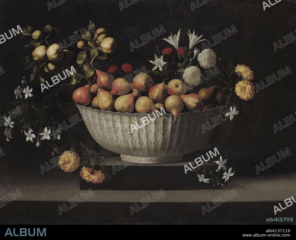 JUAN DE ZURBARAN. Flowers and Fruit in a China Bowl. Juan de Zurbarán; Spanish, 1620-1649. Date: 1640-1650. Dimensions: 82.6 × 108.6 cm (32 1/2 × 42 3/4 in.). Oil on canvas. Origin: Spain.