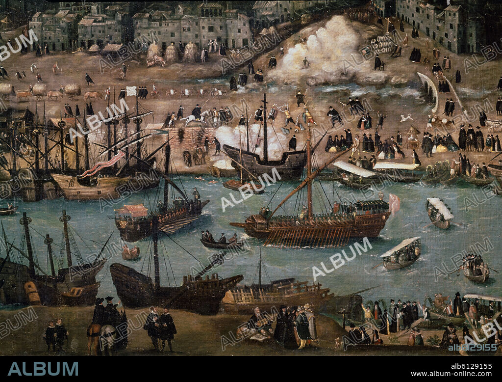 ALONSO SÁNCHEZ COELLO (attributed). VISTA DE LA CIUDAD DE SEVILLA - VISTA DEL PUERTO - DETALLE- BARCOS EN EL GUADALQUIVIR - S XVI.