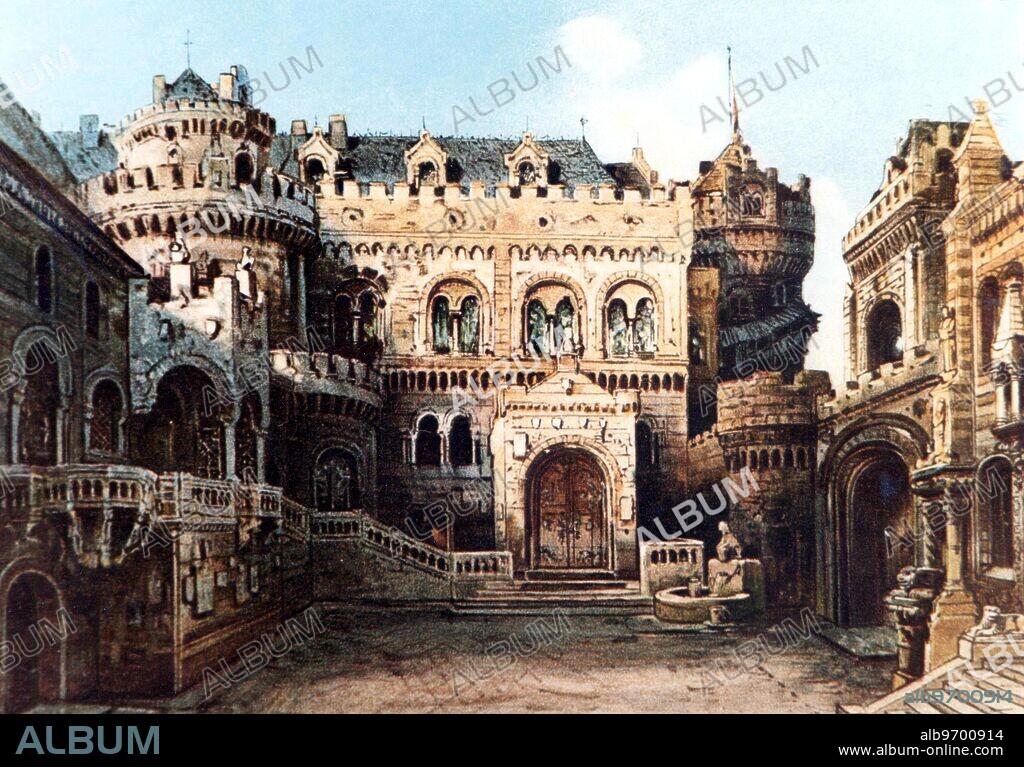 Stage design of Richard Wagner's opera 'Lohengrin' 2nd act after a painting by Max Brueckner.