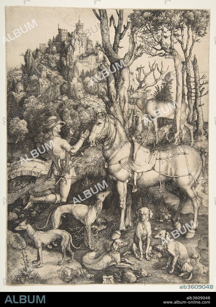 ALBRECHT DÜRER. Saint Eustace. Artist: Albrecht Dürer (German, Nuremberg 1471-1528 Nuremberg). Dimensions: Sheet: 13 3/4 × 10 3/16 in. (35 × 25.9 cm). Date: ca. 1501.
Dürer's largest engraving depicts the moment of conversion of a Roman general named Placidus. While hunting, Placidus saw a crucifix miraculously appearing between a stag's antlers. The stag spoke in Christ's voice, and Placidus fell from his horse and became a Christian baptized with the name Eustace. The print has long been admired as an exemplar of Dürer's extraordinary virtuosity; the animals and features of the landscape served as models for artists for the following century.