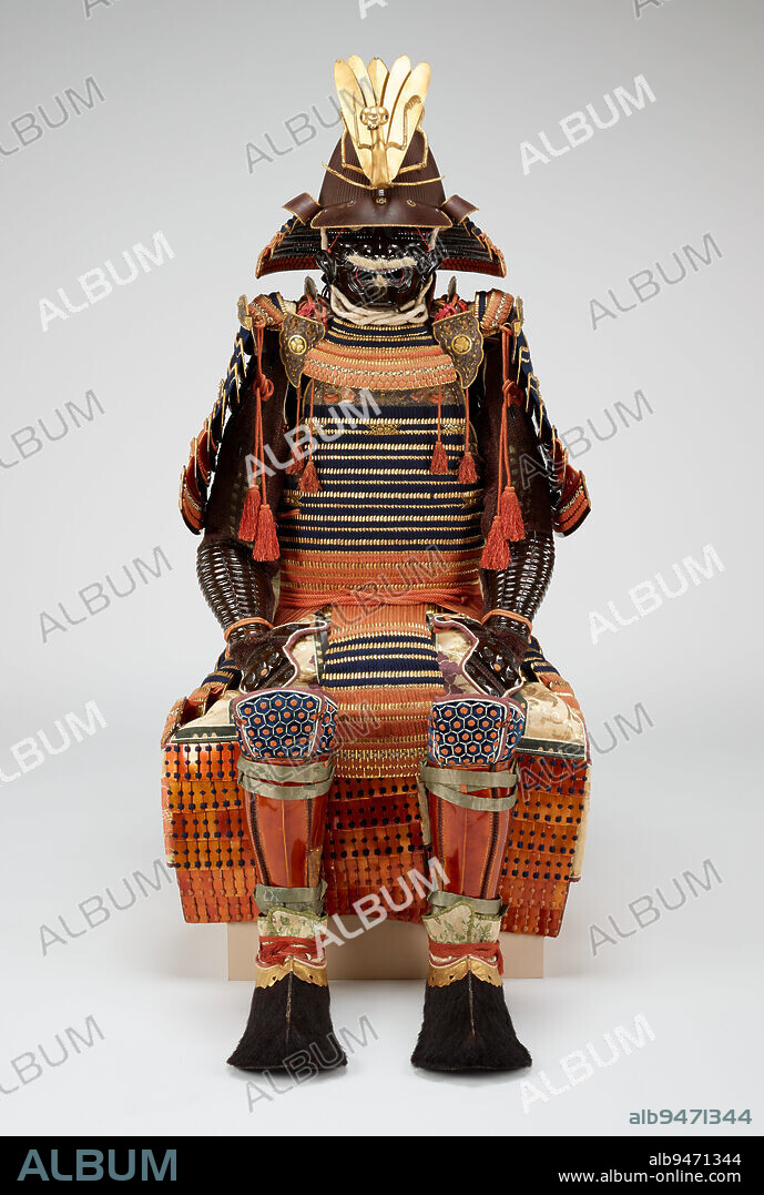 Red-and-blue-laced Suit of Armor from the Kii Tokugawa Family, mid 17th century, Suit by Unknown Japanese; Artist: Helmet by Saotome Iechika, Iron, leather, lacquer, silk, wood, gold leaf and powder, bear fur, Japan, 17th century, This elaborate suit of Japanese armor is a lightweight, form-fitting type designed to protect the body in close combat: with a face mask, forearm sleeves, thigh and shin guards, and bear-fur boots, every inch of the wearers body is protected. Its ownership can be traced to the Kii branch of the Tokugawa family, which ruled Japan for nearly 250 years, and it may have been made for Tokugawa Yorinobu, the founder of the branch.