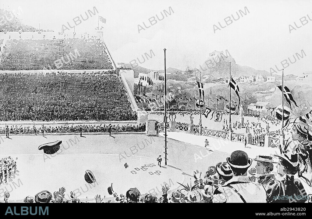 The arrival of the marathon race won by the Greek Spiridon Louis (1873-1940), Athens Olympics, 1896. Greece, 19th century.