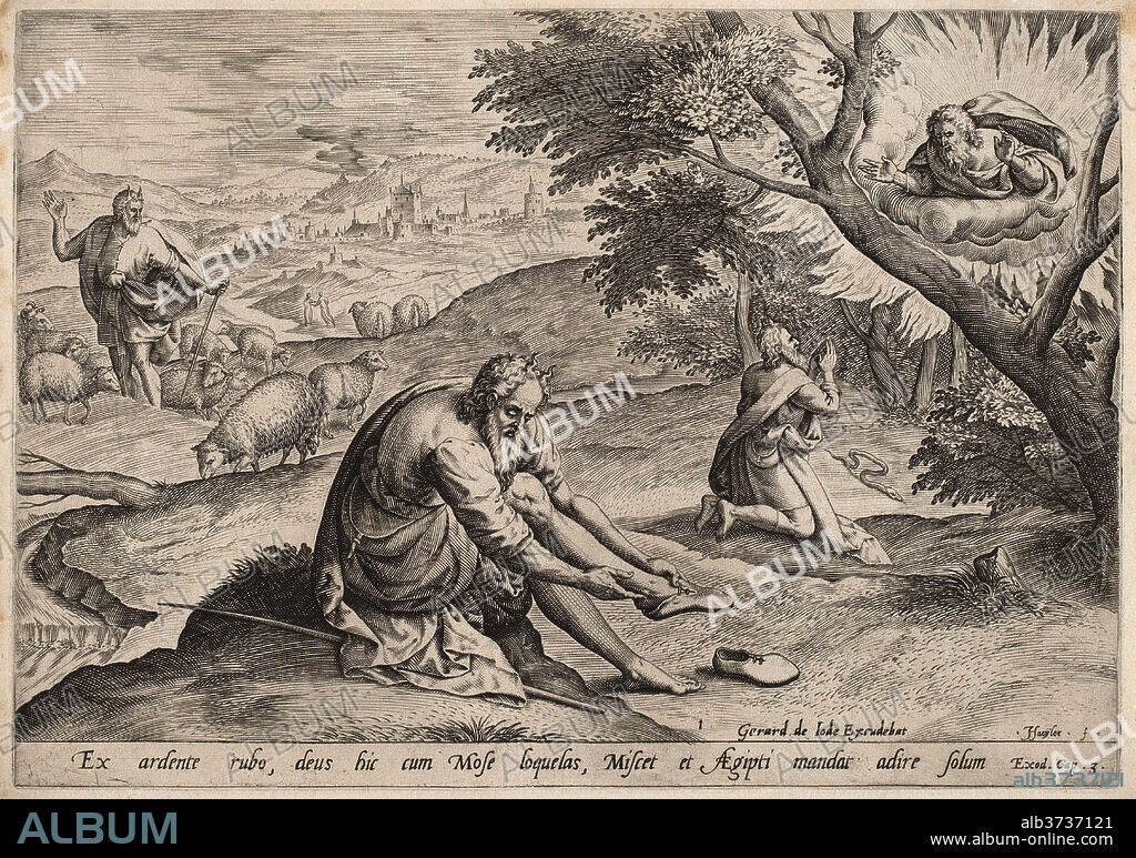 JAN SADELER I, AFTER MAARTEN VAN CLEEF. God Appearing to Moses. Dated: 1585. Dimensions: plate: 20.1 × 28.7 cm (7 15/16 × 11 5/16 in.)  sheet: 21.1 × 29.8 cm (8 5/16 × 11 3/4 in.). Medium: engraving on laid paper.