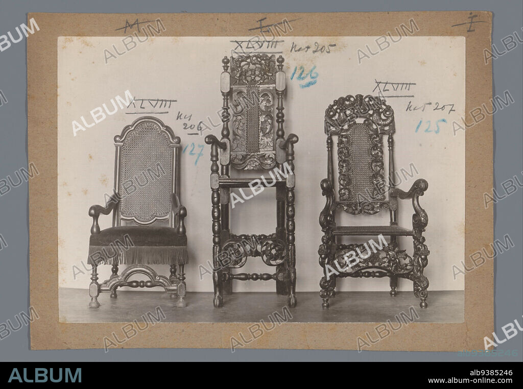 Three chairs, Left: chair with wicker back, center: high chair decorated with plant motifs, right: chair decorated with plant motifs and fantasy creatures, anonymous, c. 1875 - c. 1900, photographic support, height 109 mm × width 154 mm.
