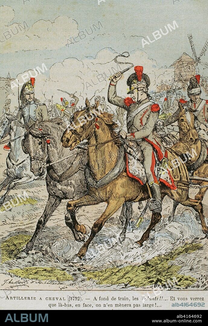 Edad Moderna. Ejército francés. Artillería. Artillería a caballo, 1792. Ilustración a color de la "Armeé Française, Nos Soldats" (Ejército Francés, Nuestros Soldados). Autor, Eugene Hennebert (1826-1896). París, h. 1890. Ilustración firmada por Hussenot y Pallandre. Biblioteca Histórico Militar de Barcelona, Cataluña, España.