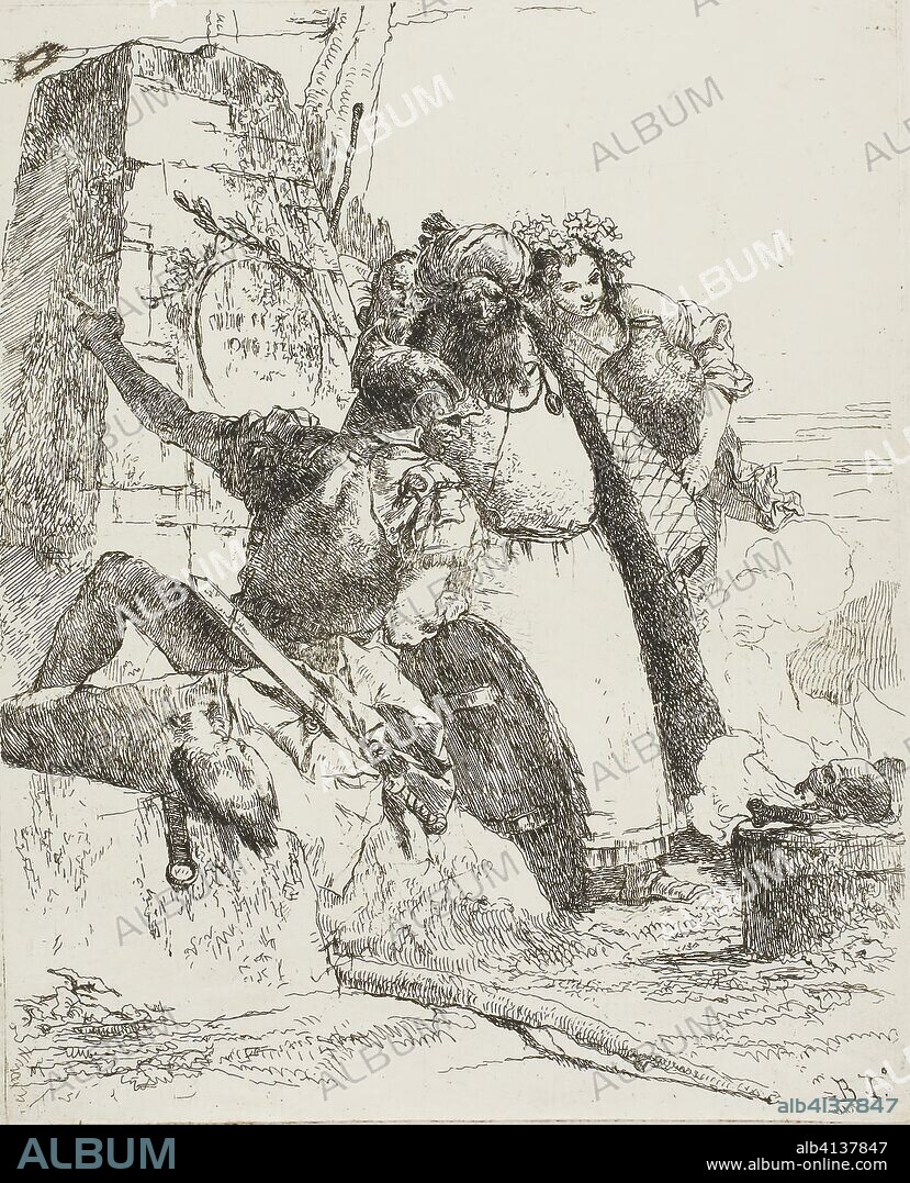 A Magician, A Soldier, and Three Figures Watching a Burning Skull, from Scherzi. Giambattista Tiepolo; Italian, 1696-1770. Date: 1735-1740. Dimensions: 222 x 178 mm (plate); 398 x 271 mm (sheet). Etching printed in black on paper. Origin: Italy.