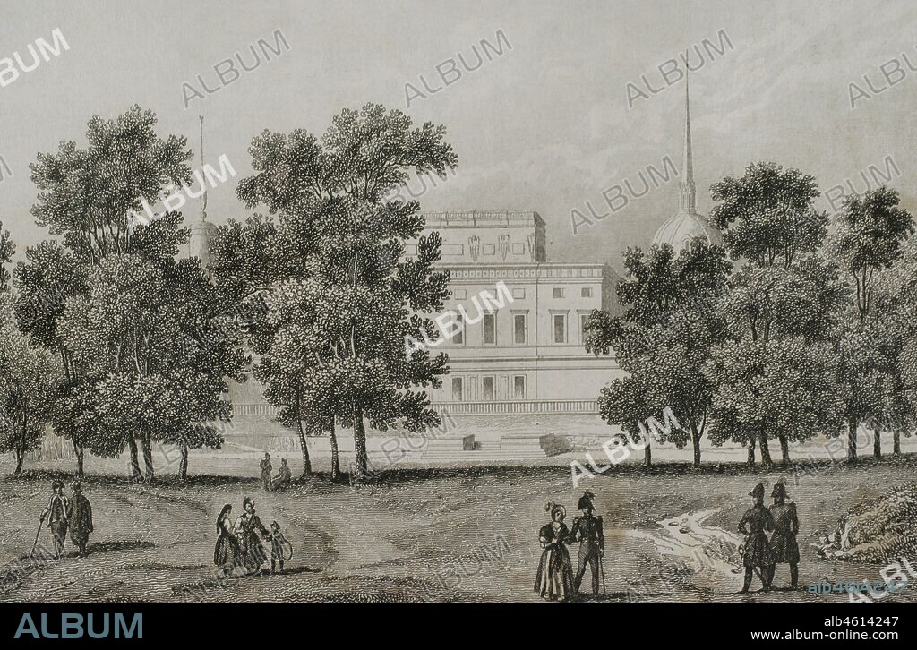 Rusia. San Petersburgo. Vista del castillo de San Miguel o Mijáilovski, también llamado Castillo de los Ingenieros. Estilo clasicista ruso. Grabado por Lemaitre, Danvin y Boisseau. Historia de Rusia por Chopin. Panorama Universal, edición española de 1839.