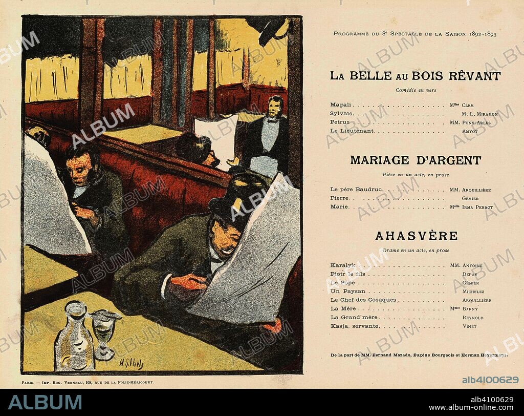 HENRI GABRIEL IBELS. Theatre programme for La belle au bois rêvant by Fernand Mazade, Mariage d'argent by Eugène Bourgeois and Ahasvère by Herman Heyermans (Théâtre Libre, 12 June 1893). Dimensions: 23.8 cm x 31.9 cm, 21.8 cm x 29.5 cm.