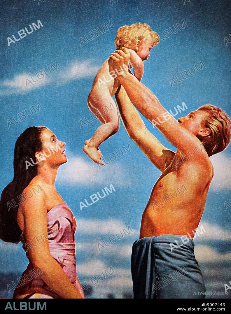 Film still from 'The Blue Lagoon' starring Jean Simmons, Donald Houston, Peter Wood, Susan Stranks, and Noel Purcell.