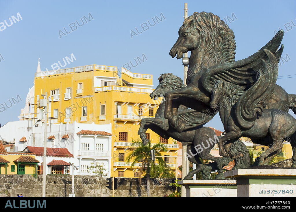 Statue of Pegasus, Old Town, UNESCO World Heritage Site, Cartagena, Colombia, South America.