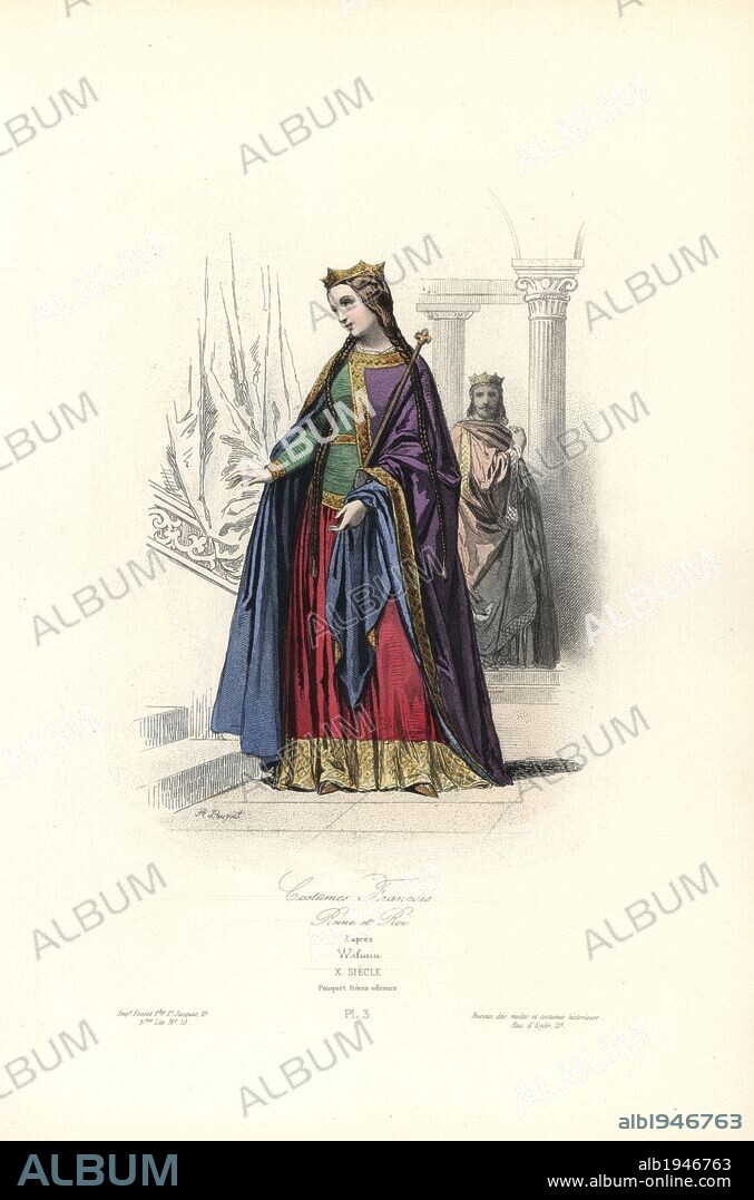 Costumes of French royalty, 10th century. Handcoloured steel engraving by Hippolyte Pauquet from a drawing by Wilmin from the Pauquet Brothers' "Modes et Costumes Historiques" (Historical Fashions and Costumes), Paris, 1865. Hippolyte (b. 1797) and Polydor Pauquet (b. 1799) ran a successful publishing house in Paris in the 19th century, specializing in illustrated books on costume, birds, butterflies, anatomy and natural history.