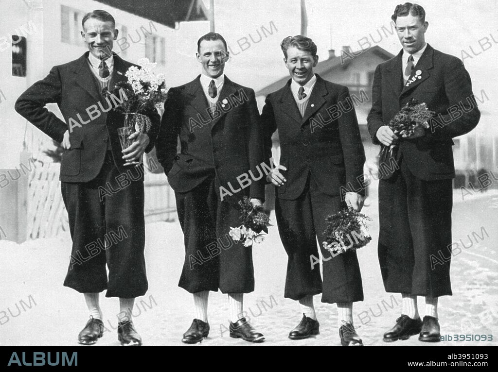 Swedish cross-country ski team, Winter Olympic Games, Garmisch-Partenkirchen, Germany, 1936. Sweden took the first four places in the 50km Men's cross-country skiing event. (Left to right) Elis Wiklund (gold medal); Axel Wikström (silver medal); Nils Joel Englund (bronze medal); Hjalmar Karl Berg (4th). A print from Olympia 1936, Die Olympischen Spiele 1936, Volume I, Cigaretten-Bilderdienst, Hamburg, 1936.