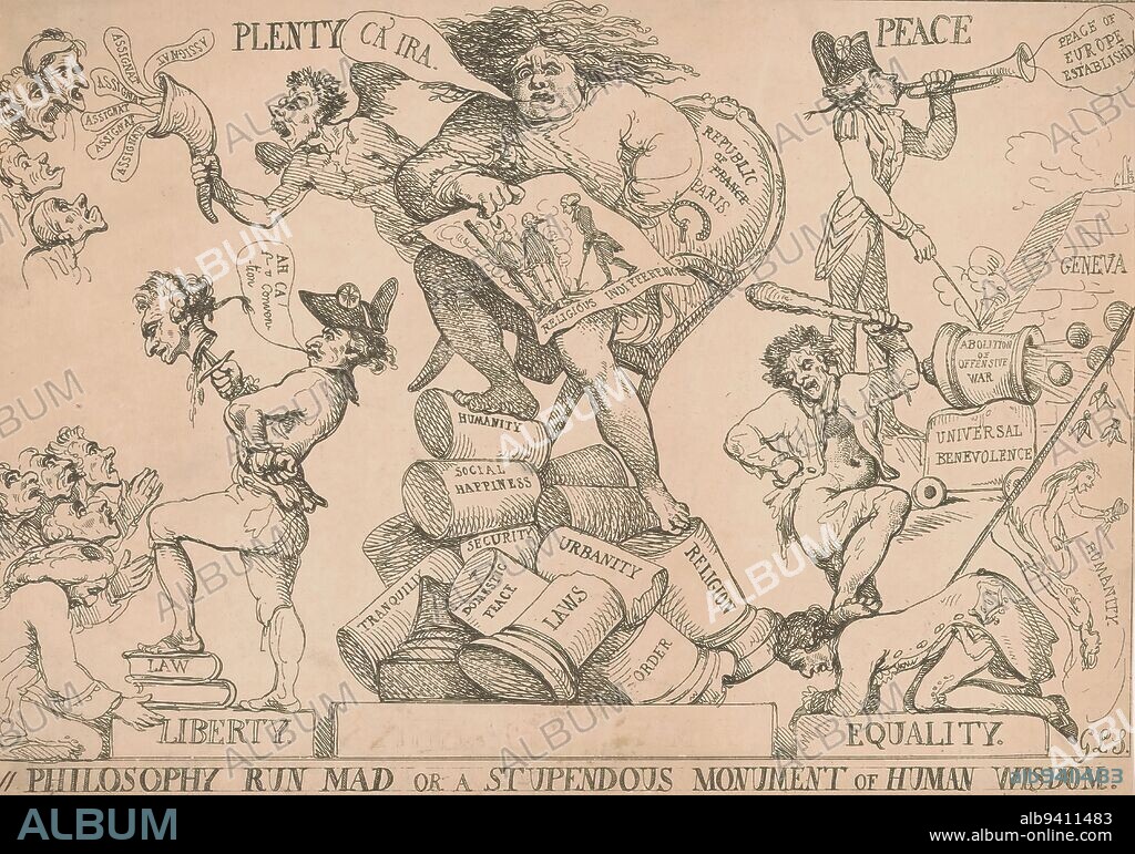 Cartoon on the French Revolution, 1792, Philosophy run mad or a Stupendous monument of human wisdom (title on object), Cartoon on the French Revolution, 1792. In the center, the personification of the French Republic seated on a chair precariously balanced on top of the debris of law, religion, order, etc. Around this smaller scenes of other excesses of the revolution., print maker: Thomas Rowlandson, England, 1792, paper, etching, height 250 mm × width 355 mm.