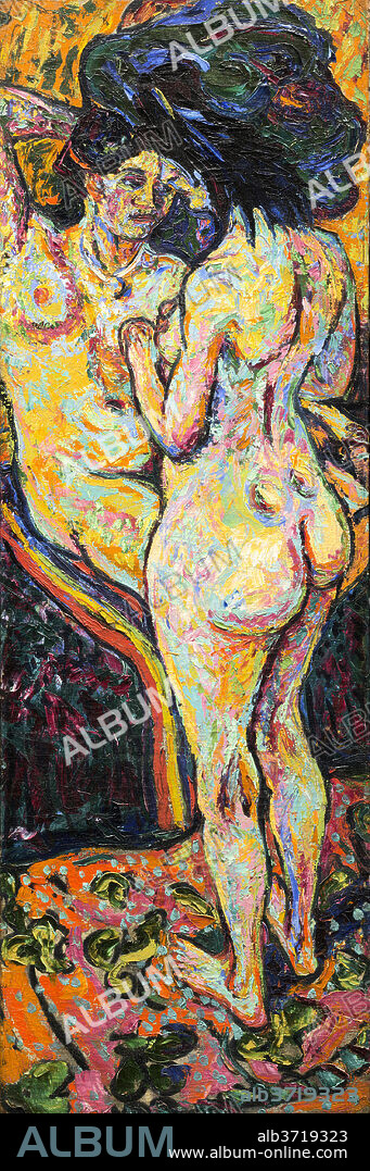 ERNST LUDWIG KIRCHNER. Two Nudes [obverse]. Dated: 1907. Dimensions: overall: 196.1 x 65.4 cm (77 3/16 x 25 3/4 in.)  framed: 220.7 x 89.5 x 7 cm (86 7/8 x 35 1/4 x 2 3/4 in.). Medium: oil on canvas.