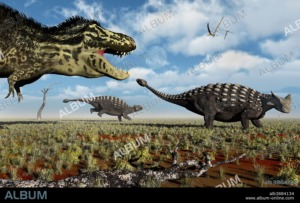 A carnivorous Tyrannosaurus Rex hunting down a pair of Ankylosaurus dinosaurs during Earth's Cretaceous Period.