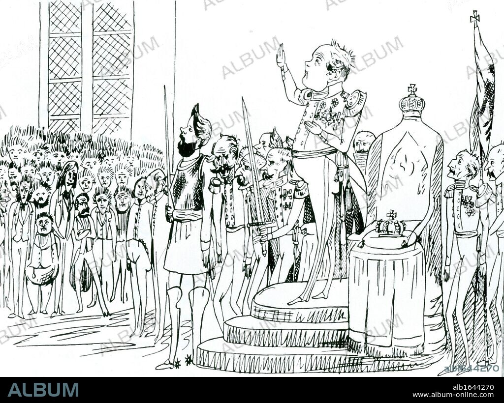 Frederick William IV (1795 - 1861), king of Prussia from 1840. Cartoon by Friedrich Engels showing Frederick William addressing the United Diet, 11 April 1847.