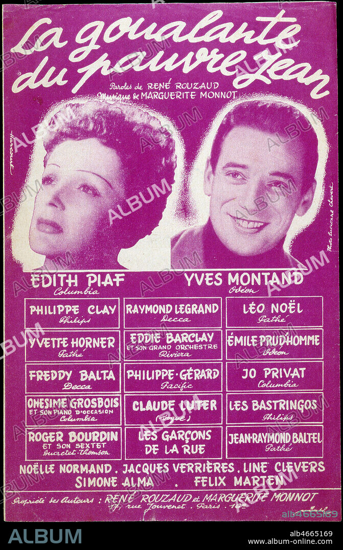 'La Goualante du pauvre Jean. Paroles de rene ROUZAUD et musique de Marguerite MONNOT', Edith PIAF et Yves MONTAND sur une couverture de partition de 1954. Credit : Collection Grob/KHARBINE-TAPABOR.
