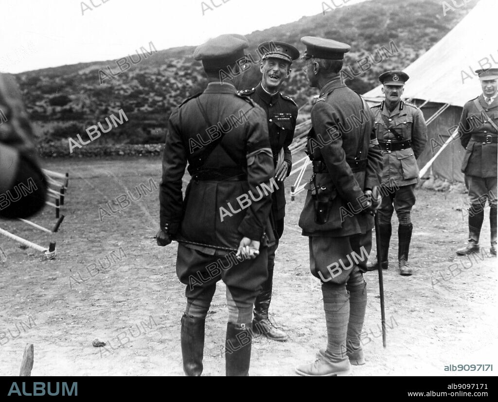 WW1: Sir Ian Hamilton talking with General Ellison, DQMG on the morning of his departure for England. Kephalos, 17th October 1915.