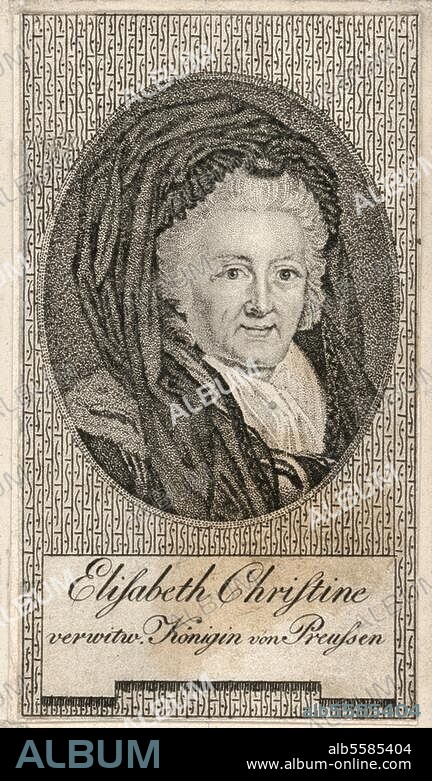 Elisabeth Christine, Königin (Friedrich II.) von Preußen, geb. Prinzessin von Braunschweig-Bevern; Wolfenbüttel 8.11.1715 - Berlin 12.6.1797. Porträt in Witwentracht. Punktierstich, unbezeichnet, nach dem Gemälde, 1789, von Anton Graff (1736-1813). 8,5 × 4,8 cm. Berlin, Sammlung Archiv für Kunst und Geschichte.