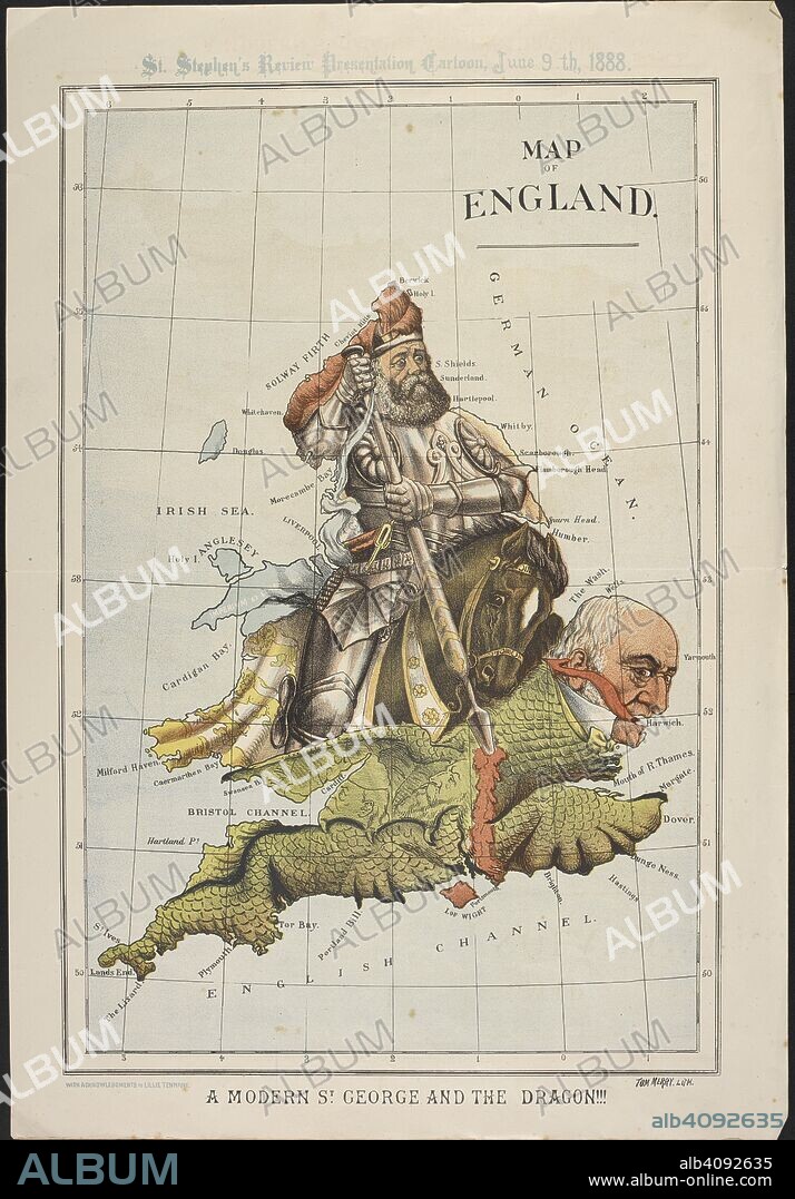 A political cartoon, in the shape of a map of England, satirising Gladstone's Parliamentary defeat over Irish Home Rule.   . Map of England: a modern St. George and the dragon!!! / with acknowledgements to Lillie tennant. [London]: St. Stephen's Review, 1888. Published as supplement to St. Stephen's Review No. 274. 1 map: col. ; 45 x 29 cm. Source: Maps.CC.5.a.578.