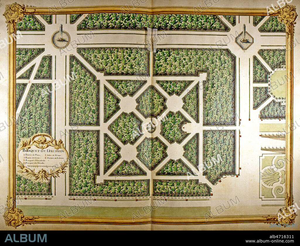 Plan du bosquet du Dauphin, tire de l'ouvrage de Jacques DUBOIS 'Recueil des plans des distributions du chateau et jardins de Versailles', datant de 1732. Ouvrage conserve a la bibliotheque municipale de Versailles. Ms F 462. Credit : Collection JEAN VIGNE / KHARBINE-TAPABOR.