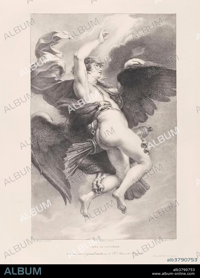 JOSE DE MADRAZO Y AGUDO, REAL ESTABLECIMIENTO LITOGRÁFICO DE MADRID y CAYETANO RODRÍGUEZ. Cayetano Rodríguez (Litógrafo) (Autor de la obra original Rubens, Pedro Pablo); José de Madrazo y Agudo (Director); Real Establecimiento Litográfico de Madrid (Estampador) / 'El rapto de Ganímedes'. 1826 - 1837. Aguatinta litográfica, Litografía a lápiz, Litografía a pluma, Raspador sobre papel avitelado, 638 x 486 mm.