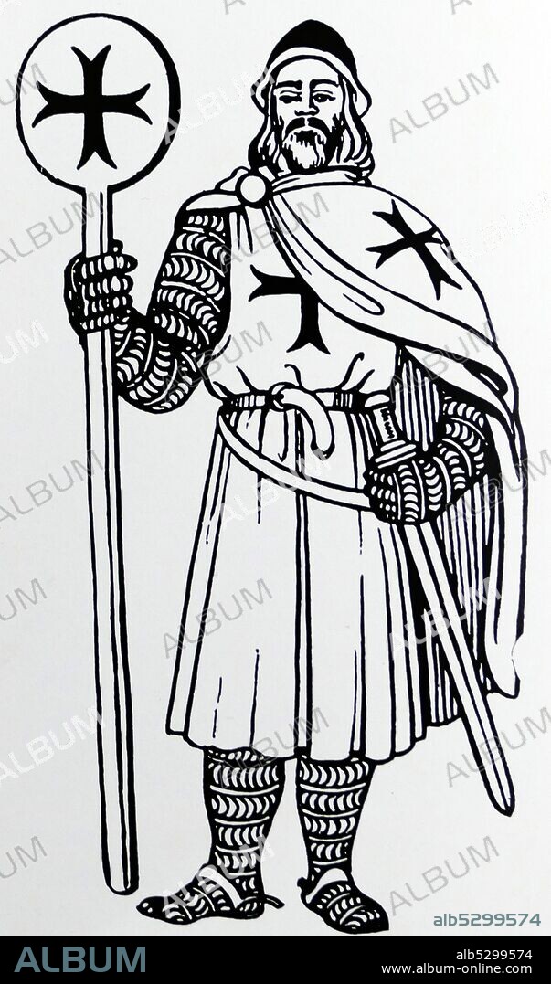 Illustration depicting a Knights Templar or simply a Templar. The Knights Templar were a Catholic military order founded in 1119 and recognised in 1139 by the papal bull Omne datum optimum. The order was active until 1312 when it was perpetually suppressed by Pope Clement V by the bull Vox in excelso. The Templars became a favoured charity throughout Christendom and grew rapidly in membership and power. They were prominent in Christian finance. Templar knights, in their distinctive white mantles with a red cross, were among the most skilled fighting units of the Crusades.