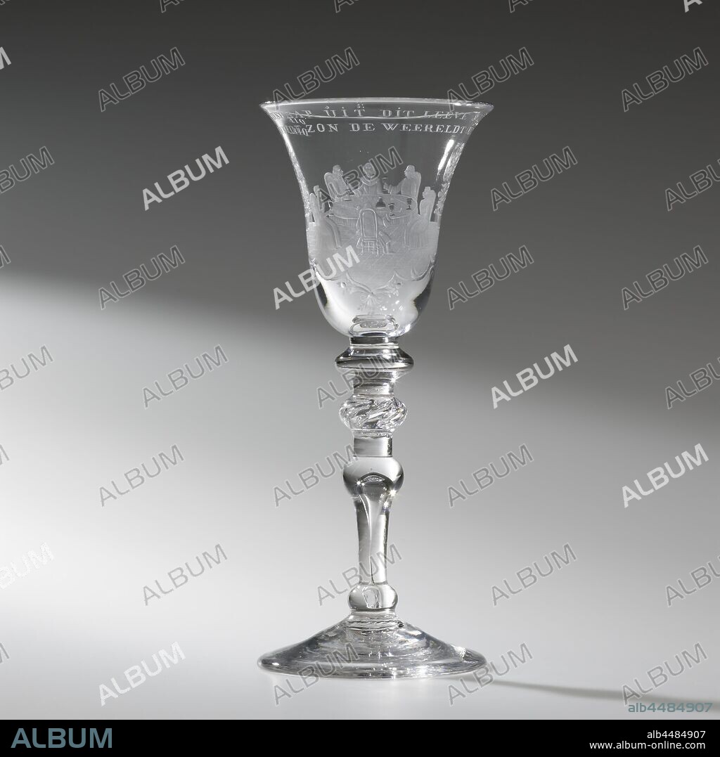Wine glass with a company at a table, Chalice with a company at a table, Arched foot. Baluster stem with knots and air bubbles. On the bell-shaped chalice a company at a table above which: That friendship from this Leeve closes // It binds the sun out of the world. Etched closely: J.Sang Fec. Amsterdam 1759, glass of wine, banquet or elegant company (toast at meal, banquet), anonymous, 1759, glass, glassblowing, h 18.8 cm × w 7.8 cm.