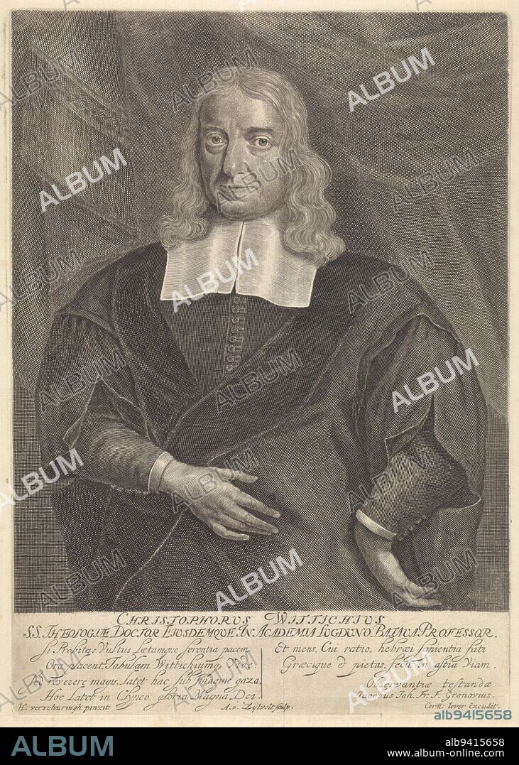 Portrait of Christophorus Wittichius, professor of theology in Leiden In the margin a text in Latin, Portrait of Christophorus Wittichius, print maker: Anthony van Zijlvelt, (mentioned on object), after: Hendrik Verschuring, (mentioned on object), Jacob Gronovius, (mentioned on object), print maker: Amsterdam, publisher: Gorinchem, 1677 - 1686, paper, etching, engraving, h 275 mm × w 195 mm.