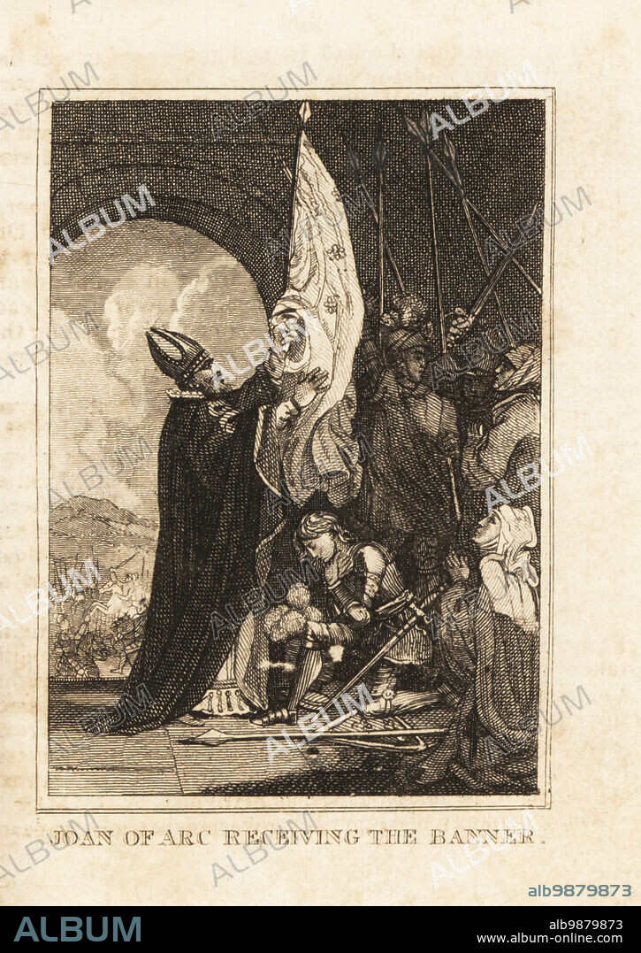 Joan of Arc, in suit of armour with sword from St Catherine de Firebois church, kneels as she is presented with her banner from a bishop, 1429. Joan of Arc receiving the banner. Copperplate engraving from M. A. Jones History of England from Julius Caesar to George IV, G. Virtue, 26 Ivy Lane, London, 1836.