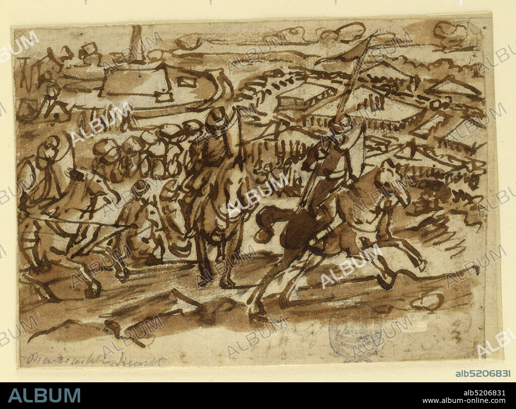 The retreat of the Turks after the siege of Vienna, 1529, preliminary design for lost painting on the Canto de' Bischeri in Florence erected on the occasion of the entry of Christina of Lorraine, bride of Duke Ferdinando de' Medici, 1589, Jan van der Straet, called Stradanus, Flemish, 15231605, Pen and brown ink, brown wash on laid paper, Horizontal rectangle. In the foreground a group of warriors on horseback reach the crest of a hill, and move toward the right. Behind them the panorama of the city and its surroundings., Netherlands, 1589, figures, Drawing, Drawing.