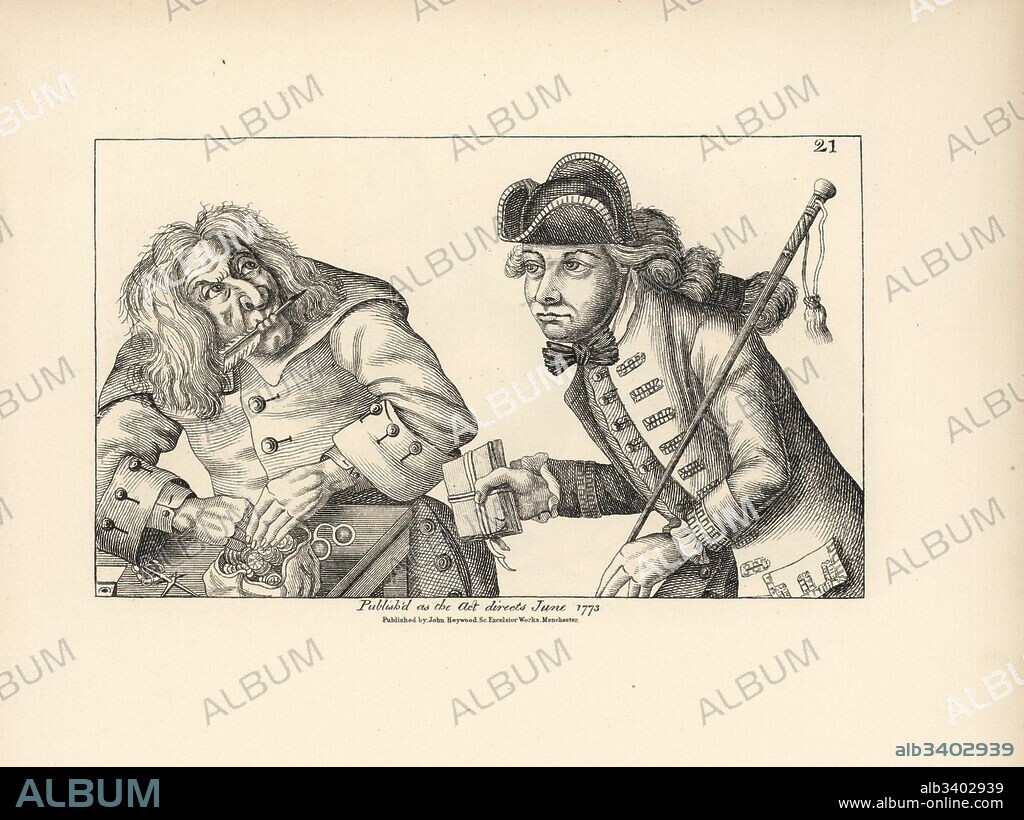 Caricature of a miser Screwby being duped by a bankrupt aristocrat with a parcel of fake parchments. Copperplate engraving after a satirical illustration by Timothy Bobbin (John Collier) from Human Passions Delineated, John Haywood, Manchester, 1773.