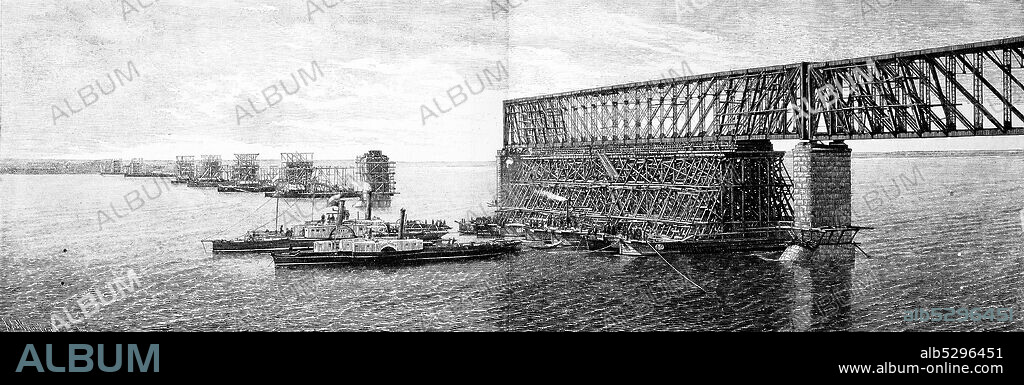 Construction of the new bridge between Syzran and Samara crossing river Volga, Russia  /  Bau der neuen Brücke zwischen Sysran und Samara über die Wolga, Russland, Historisch, digital improved reproduction of an original from the 19th century / digitale Reproduktion einer Originalvorlage aus dem 19. Jahrhundert,.