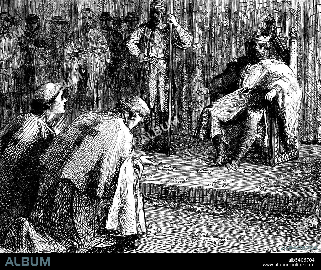 Priests plead with Richard I for the release of the Bishop of Beauvais. Philip of Dreux (1158-1217) was a French nobleman, Bishop of Beauvais, and figure of the Third Crusade. He was an active soldier, an ally in the field of Philip Augustus, the French king and his cousin, making him an opponent in campaigns in France and elsewhere of Richard I of England. He was captured by Angevin forces during a Normandy campaign, in 1197. Richard was still refusing to release him a year later, and again early in 1199. He was freed only after Richard’s death. Cassell's Illustrated History of England, 1865 (cropped and cleaned).