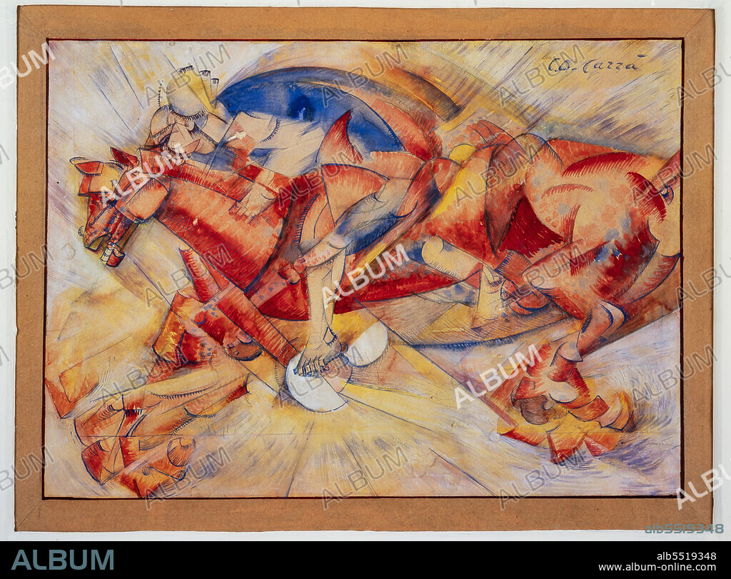 CARLO CARRÀ. "The red knight", by Carlo Carrà, tempera and ink on canvas paper, 1913.