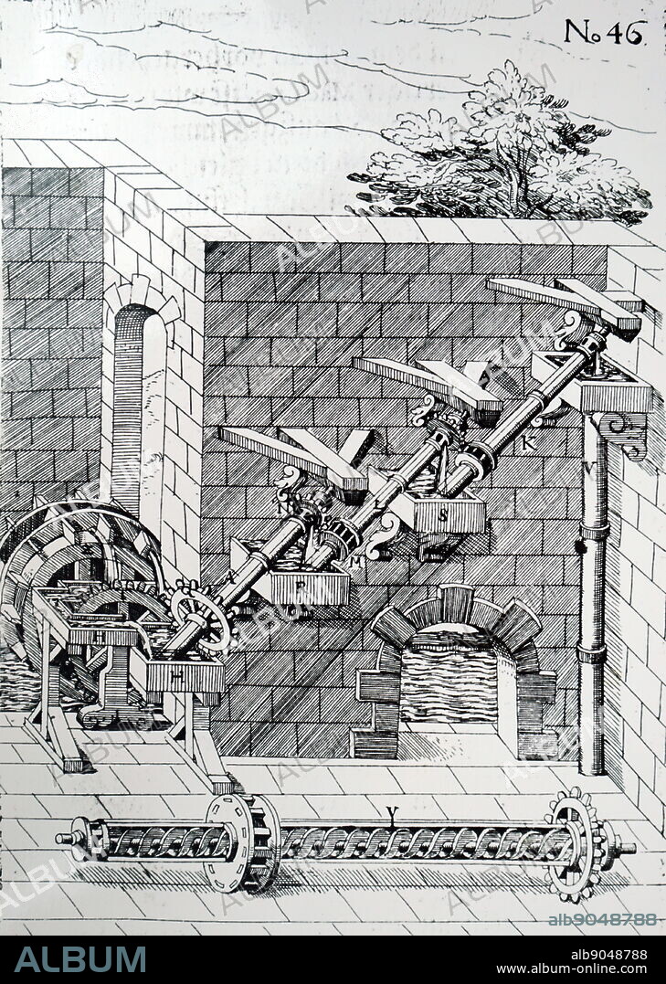 Diagram depicting a multiple Archimedean screws powered by a water wheel being used to raise water. 'Y' at the bottom of the picture shows the helical 'screw' running up the inside of each tube. Dated 17th century.