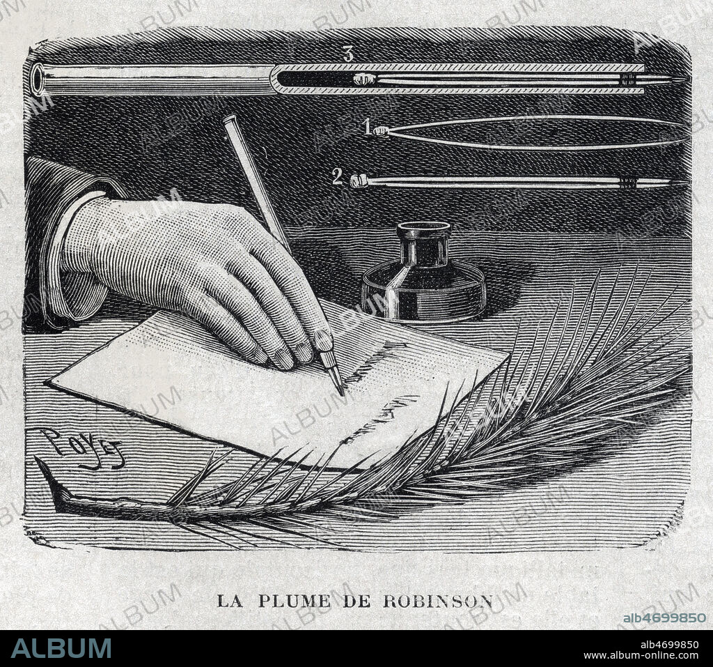 La plume de Robinson faite avec deux aiguilles de pin par Tom TIT (1853-1928). Illustration de Louis POYET (1846-1913) pour Le Chercheur de avril 1890. Credit : Collection Jonas/Kharbine-Tapabor.
