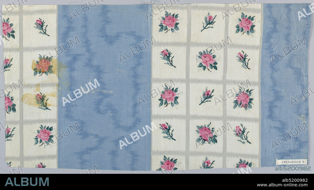 Textile, Schwartz-Huguenin, Medium: cotton Technique: printed by engraved roller on plain weave, A) Wide stripe of solid pink with molette-printed moire pattern of darker pink adjoins wide white stripe divided into squares outlined by grey. Each square contains a pink rosebud with green leaves. B) Same pattern with blue stripe., 185163, printed, dyed & painted textiles, Textile.
