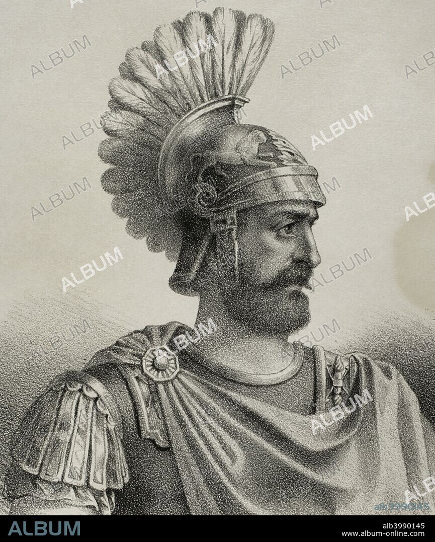 Lucio Marcio Séptimo. Militar romano del siglo III a. C. Conocido por su participación en la II Guerra Púnica en territorio Hispano. Dibujo por Llanta, detalle. Litografía. Crónica General de España, Historia Ilustrada y Descriptiva de sus Provincias. Cataluña, 1866. Biblioteca Histórico Militar de Barcelona. Cataluña, España.