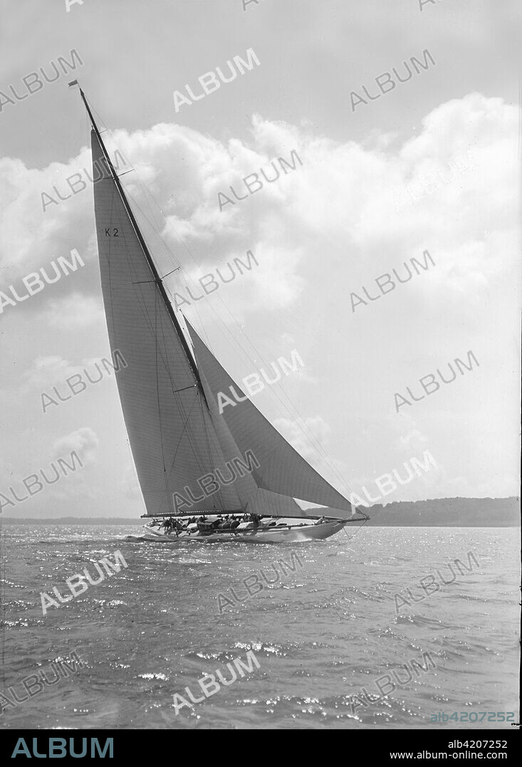The 23-metre cutter 'Astra' sailing close-hauled, 1931. 'Astra' was designed by Charles E Nicholson for Adam Moritimer Singer and was launched in 1928. It was converted to J-Class in 1931.