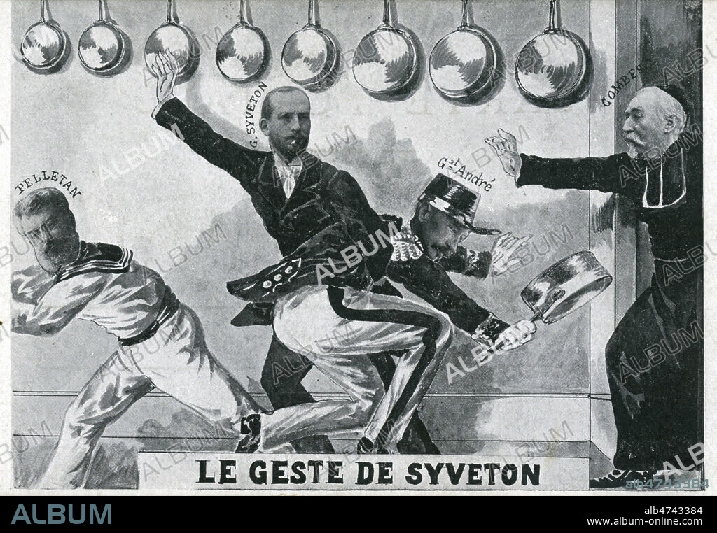 Le geste de Gabriel SYVETON (fessee du general ANDRE). (le 4 novembre 1904, il giffle a l'Assemblee le general pour l'affaire des fiches). Illustration anonyme pour une carte postale. Credit Collection Dixmier/KHARBINE-TAPABOR.